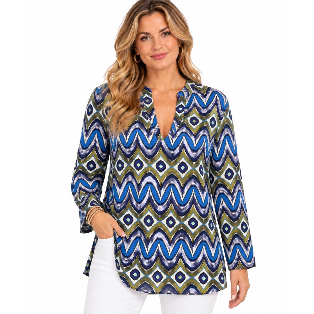 Tory Burch Tunic Top Women's 12 Blue Green Ikat Mirror Sequin Split Cuff Boho